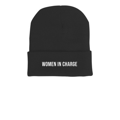 Women in Charge Statement Beanie, a Black Printed Cuffed Beanie