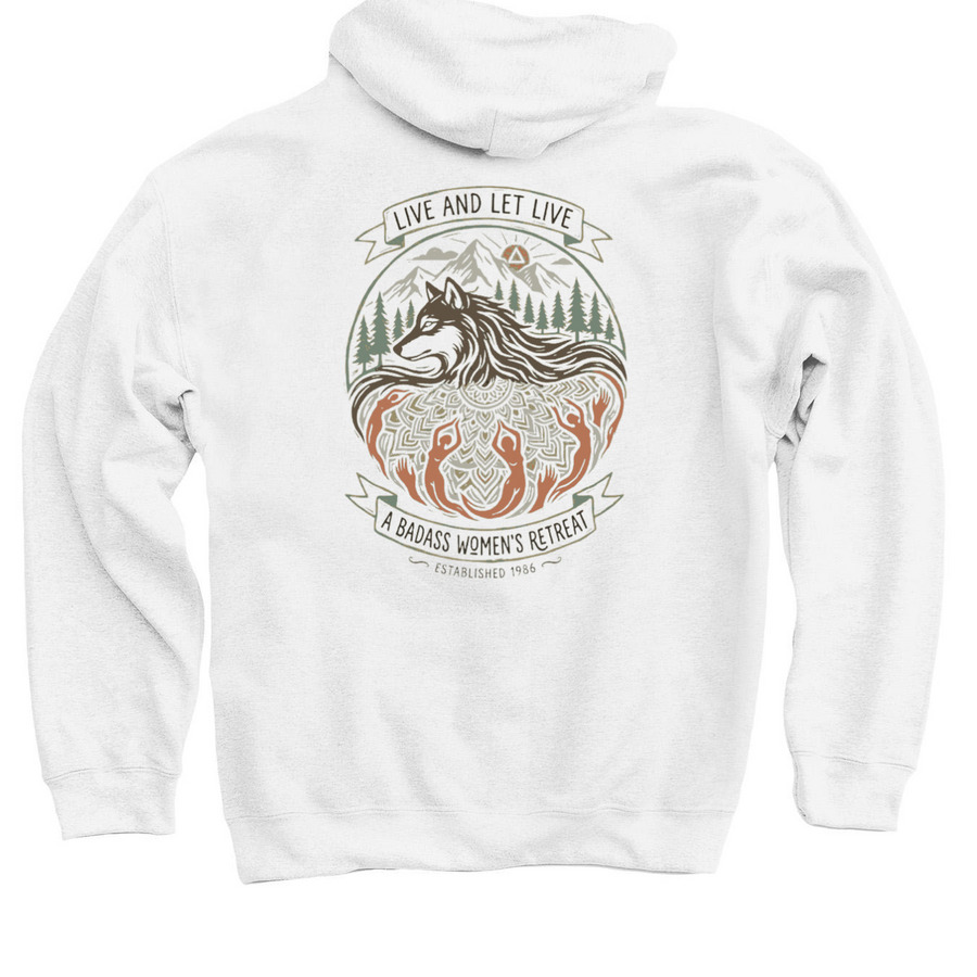 Live and Let Live Retreat, a White Pullover Hoodie (back-view)