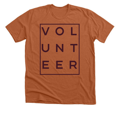 "Volunteer" T-shirt Maroon Font, a Heather Autumn Premium Unisex Tee