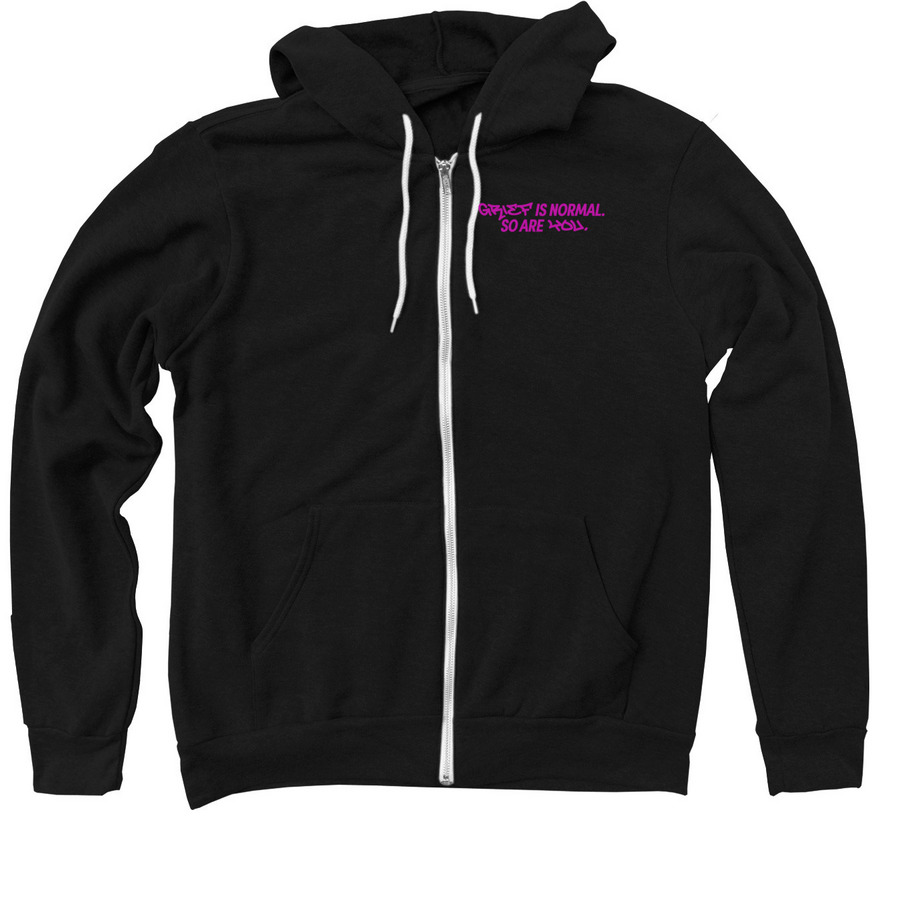 Grief is Normal, So Are You: Neon Purple Tops, a Black Zip Up Hoodie
