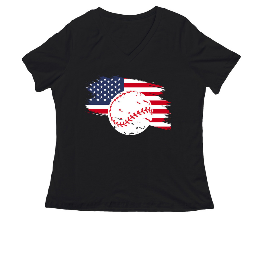 Red White & Baseball ? USA Flag T-Shirt, a Black Women's Relaxed V-Neck Tee