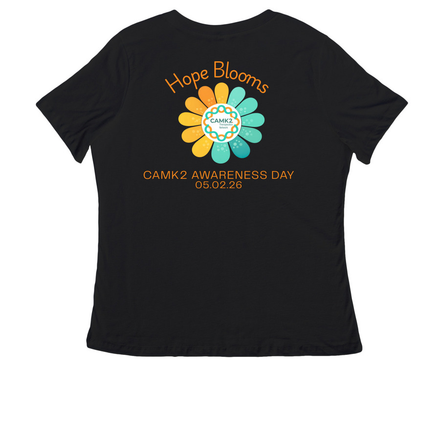 Hope Blooms for CAMK2, a Black Women's Relaxed V-Neck Tee (back-view)