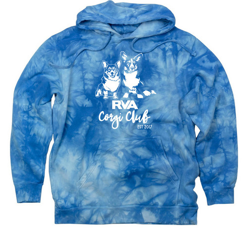 RVA Corgi Club - White Ink, a Aqua Blue Tie Dye Pullover Hoodie