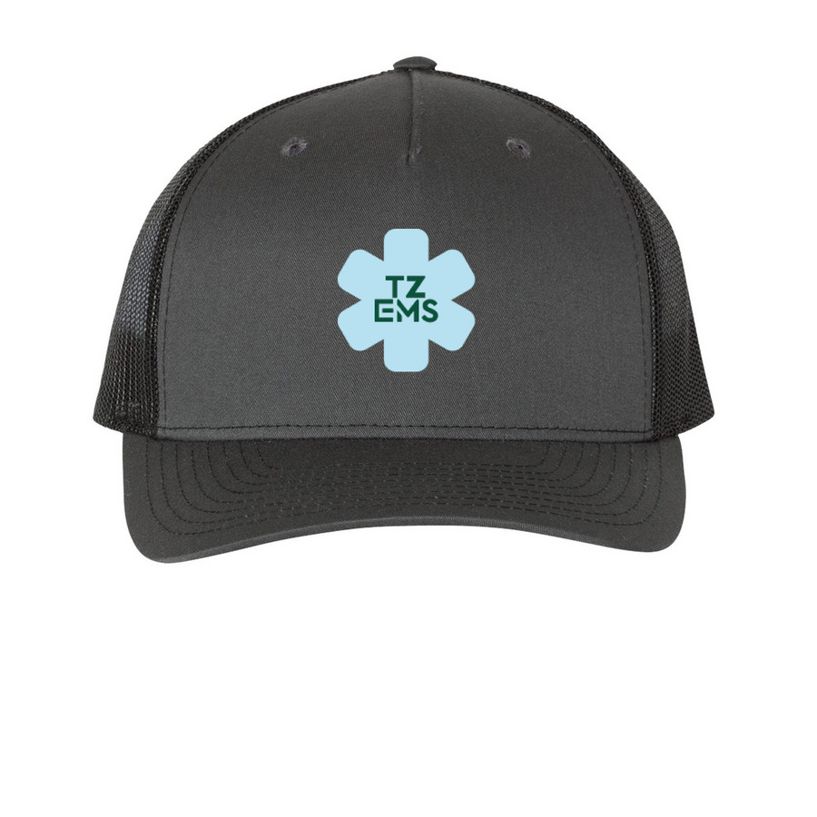 TZEMS Mesh Cap, a Charcoal/ Black Printed Five-Panel Trucker Cap