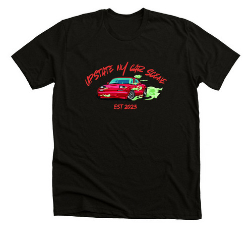 UPSTATE*NY*CAR*SCENE RED, a Black Heather Premium Unisex Tee