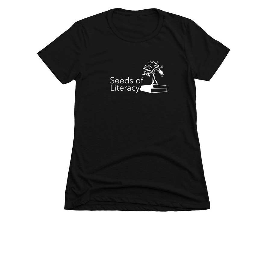 Seeds of Literacy #1 (Large White Logo), a Black Women's Slim Fit Tee