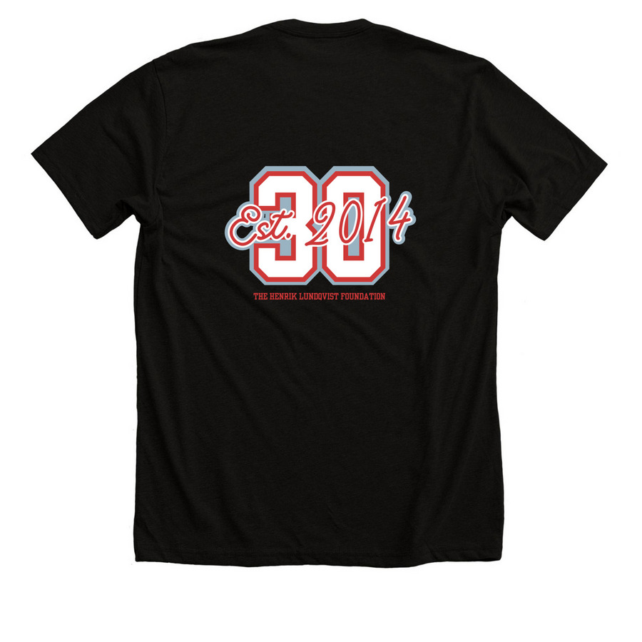 "30 est. 2014", a Solid Black Blend Premium Unisex Tee (back-view)