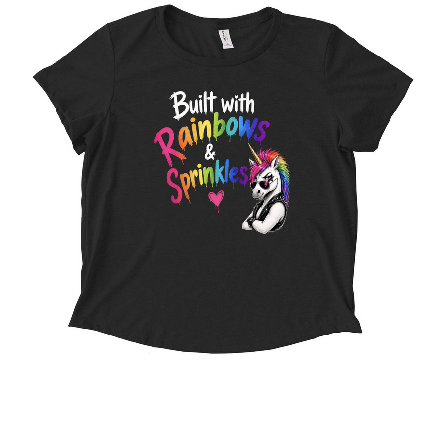 Built with Rainbows & Sprinkles, a Deep Black Allmade Eco Triblend Women?s Scoop Neck Tee