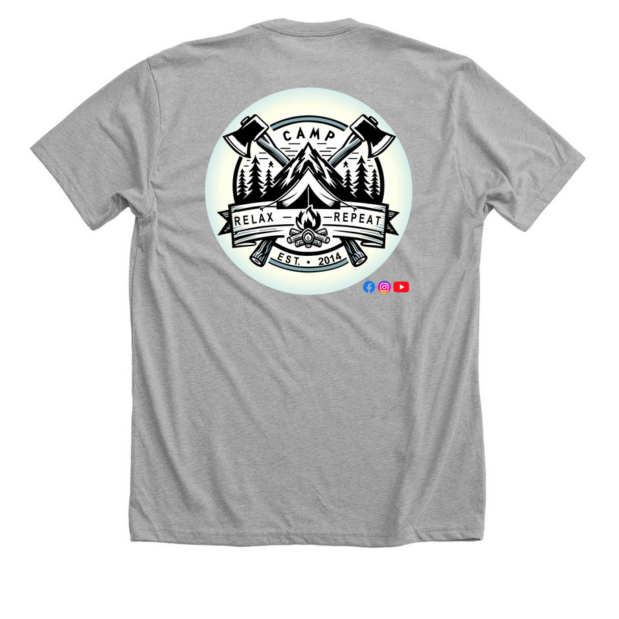 Camp Relax Repeat text logo, a Athletic Heather Premium Unisex Tee (back-view)