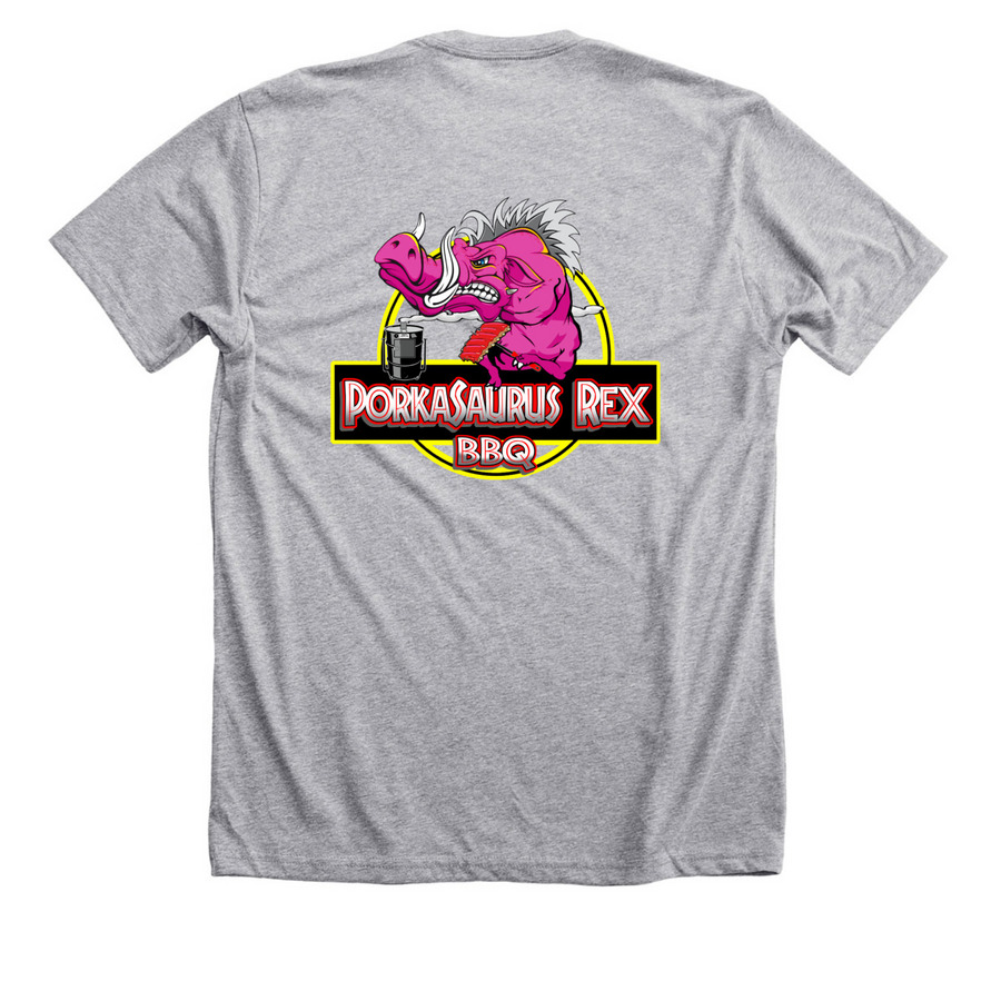 Porkasaurus Rex BBQ, a Athletic Heather Premium Unisex Tee (back-view)