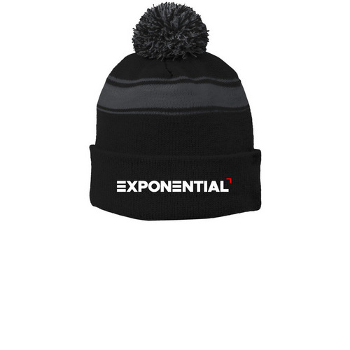 Beanie, a Black/ Iron Grey Printed Stripe Pom-Pom Beanie