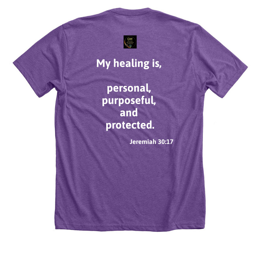 God is healing wounds nobody knew I carried, a Heather Team Purple Premium Unisex Tee (back-view)