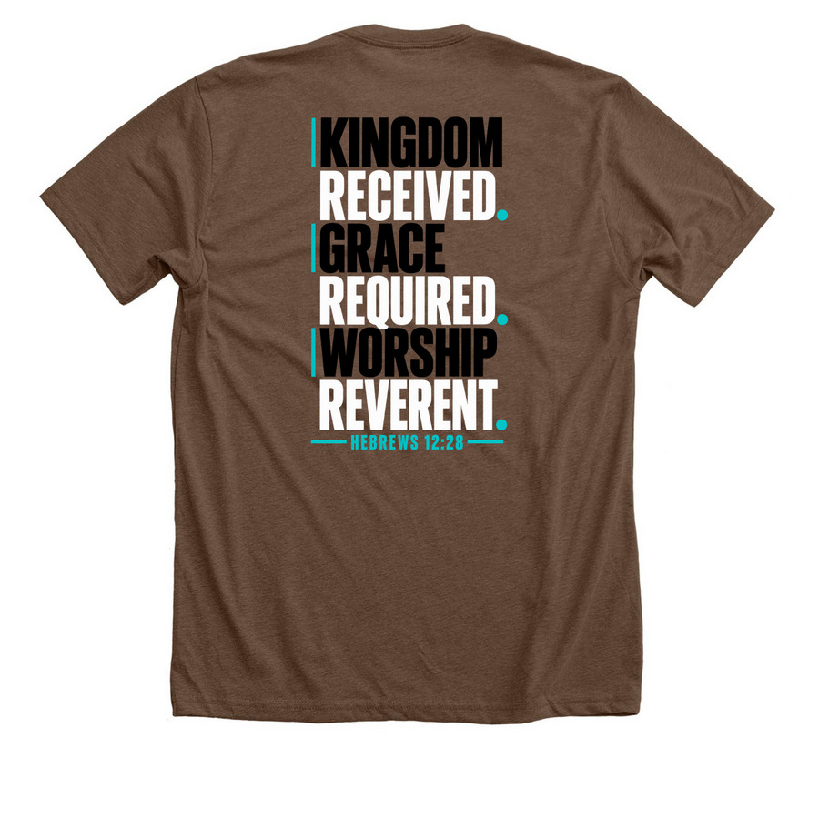 KINGDOM RECEIVED, a Heather Brown Premium Unisex Tee (back-view)