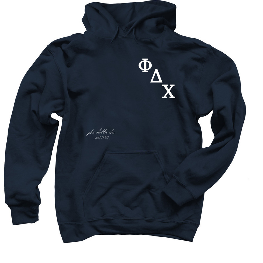 White Stacked Letters, a Navy Pullover Hoodie