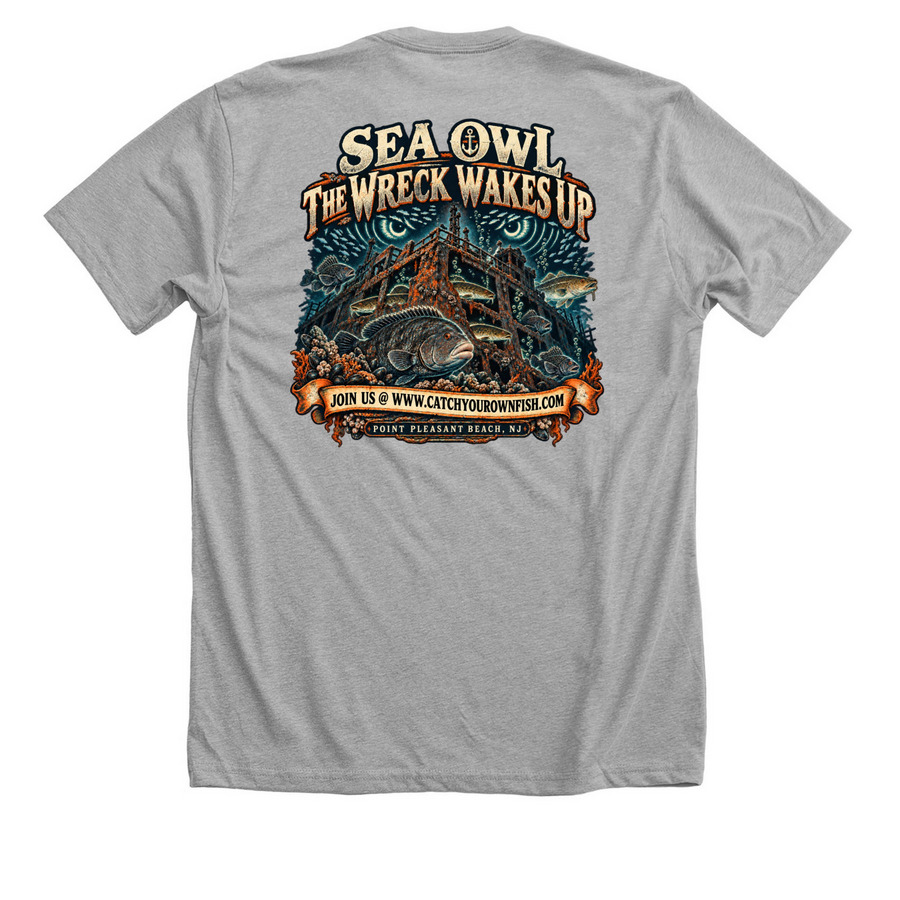 Sea Owl ? The Wreck Wakes Up, a Athletic Heather Premium Unisex Tee (back-view)