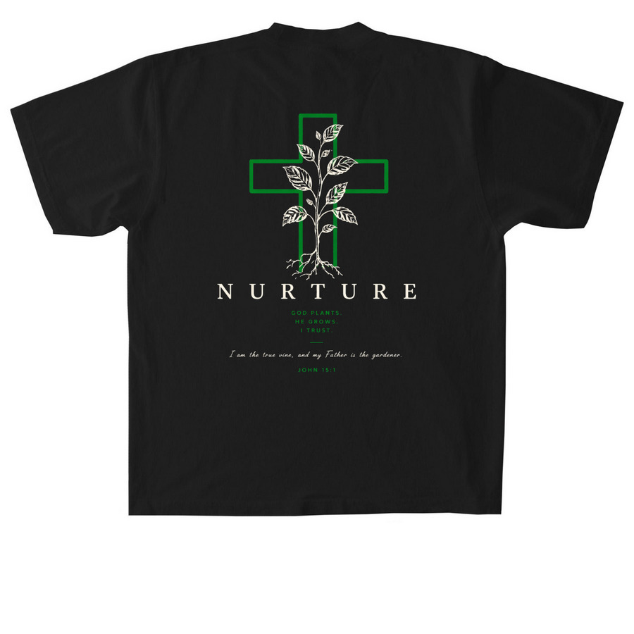God, Gardening, Growth shirt, a Black Heavyweight Garment Dye Tee (back-view)