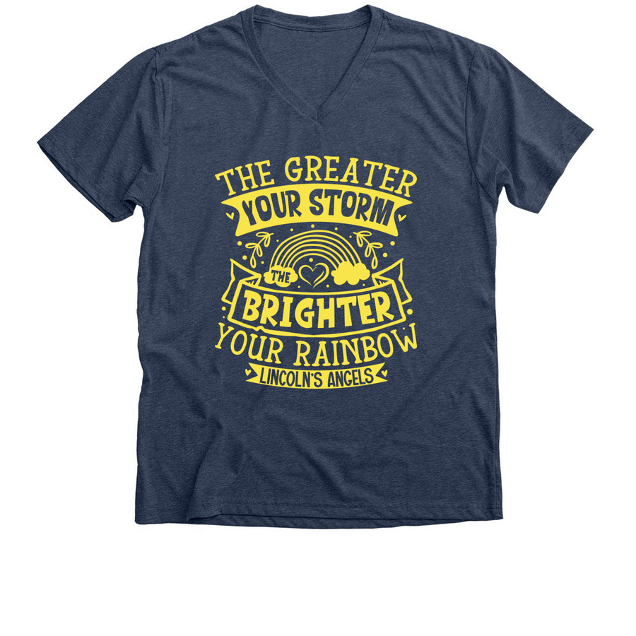 The greater your storm, a Heather Navy Premium V-Neck Tee