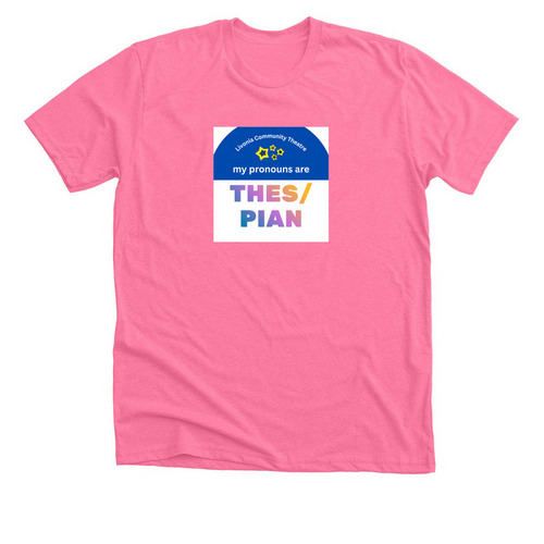 All pronouns welcome in Livonia!, a Neon Pink Premium Unisex Tee