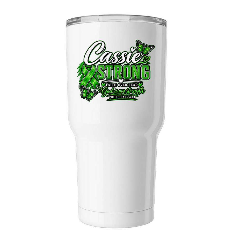 Cassie Strong Tumbler, a White Insulated Tumbler (back-view)