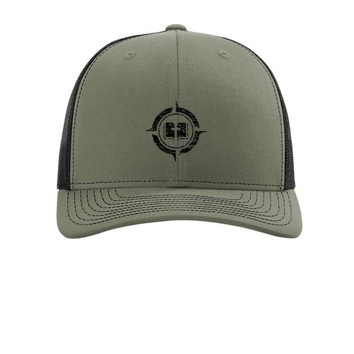 Outreach Hat - Black DBC Distressed Logo, a Loden/ Black Printed Snapback Trucker Cap