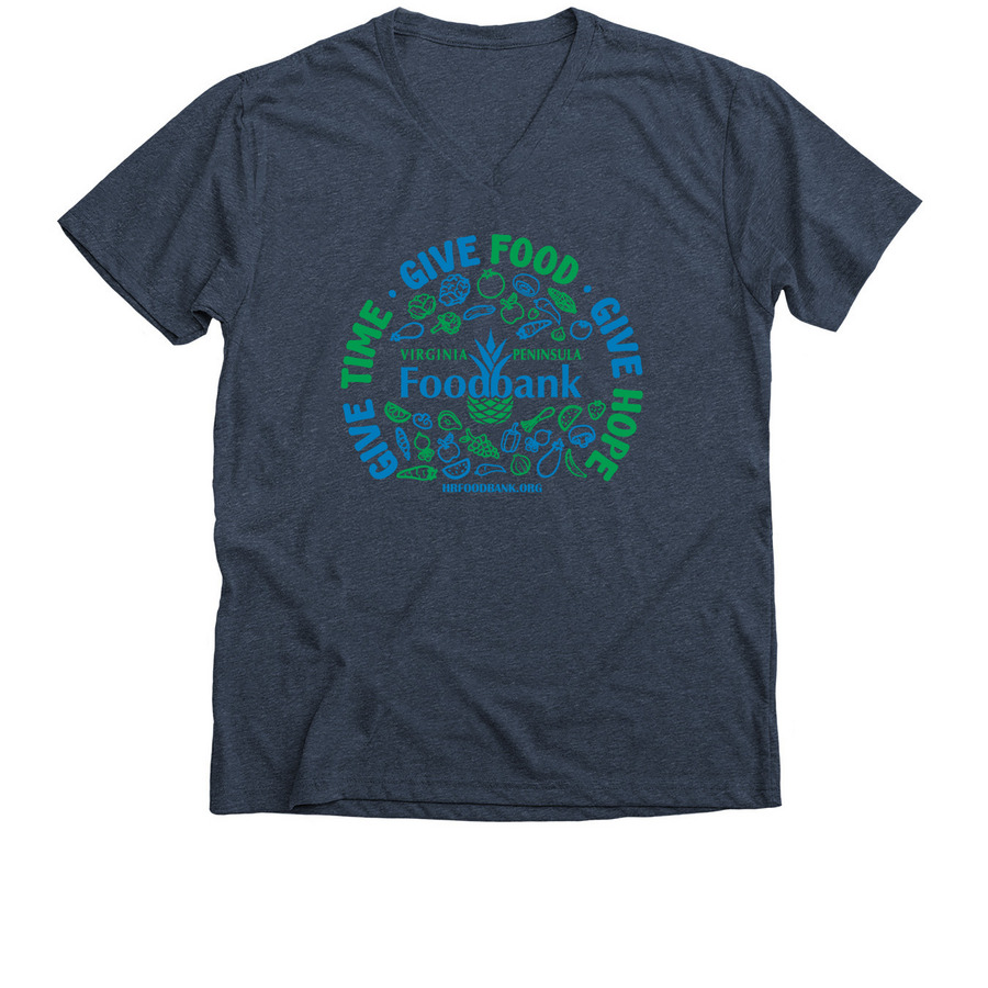 Give Time. Give Food. Give Hope., a Heather Navy Premium V-Neck Tee
