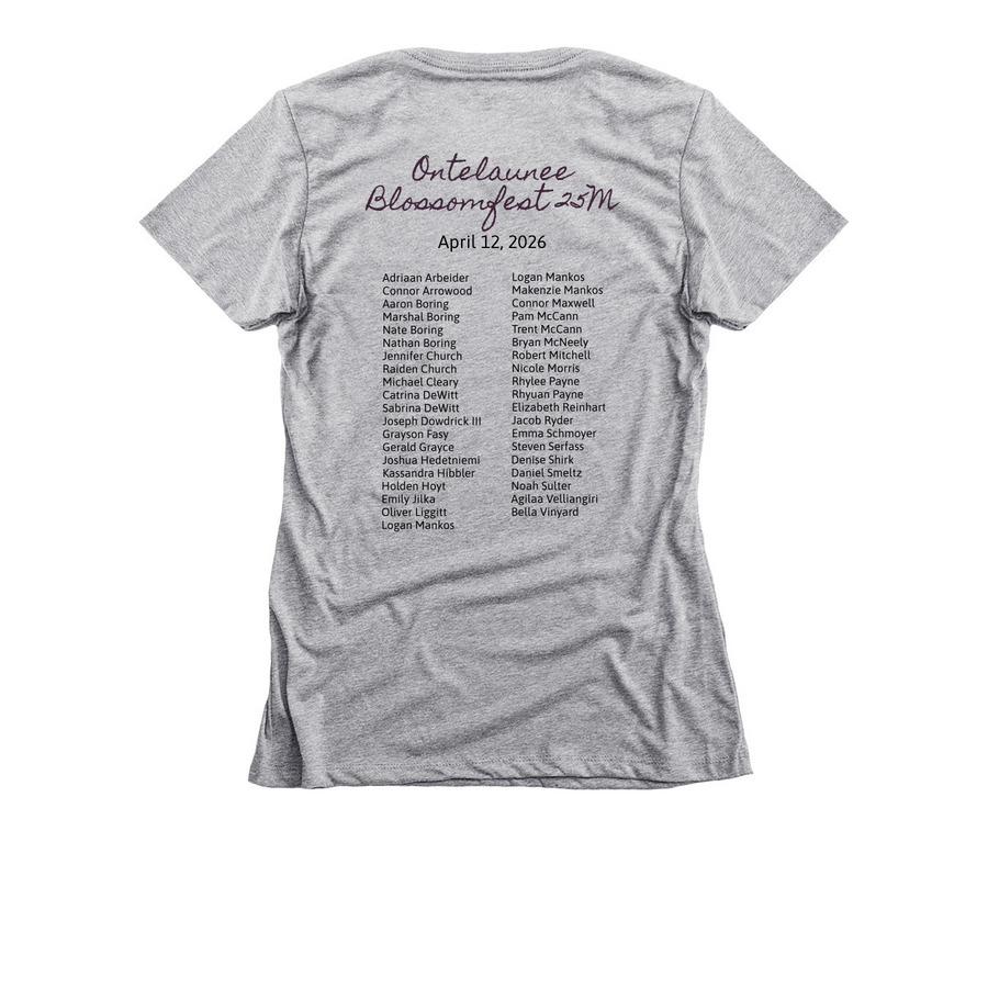 Ontelaunee Blossomfest 25M T-Shirt, a Dark Heather Grey Women's Slim Fit Tee (back-view)