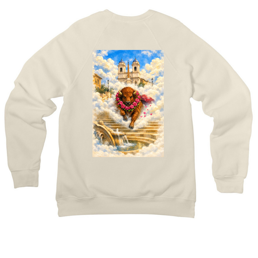 RENAISSANCE BISON AT SPANISH STEPS- on back, a Natural Premium Raglan Crewneck Sweatshirt (back-view)