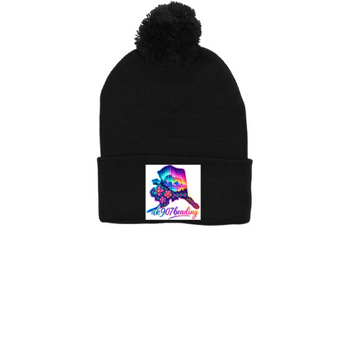 Ak907beading&nbsp;, a Black Printed Pom-Pom Beanie