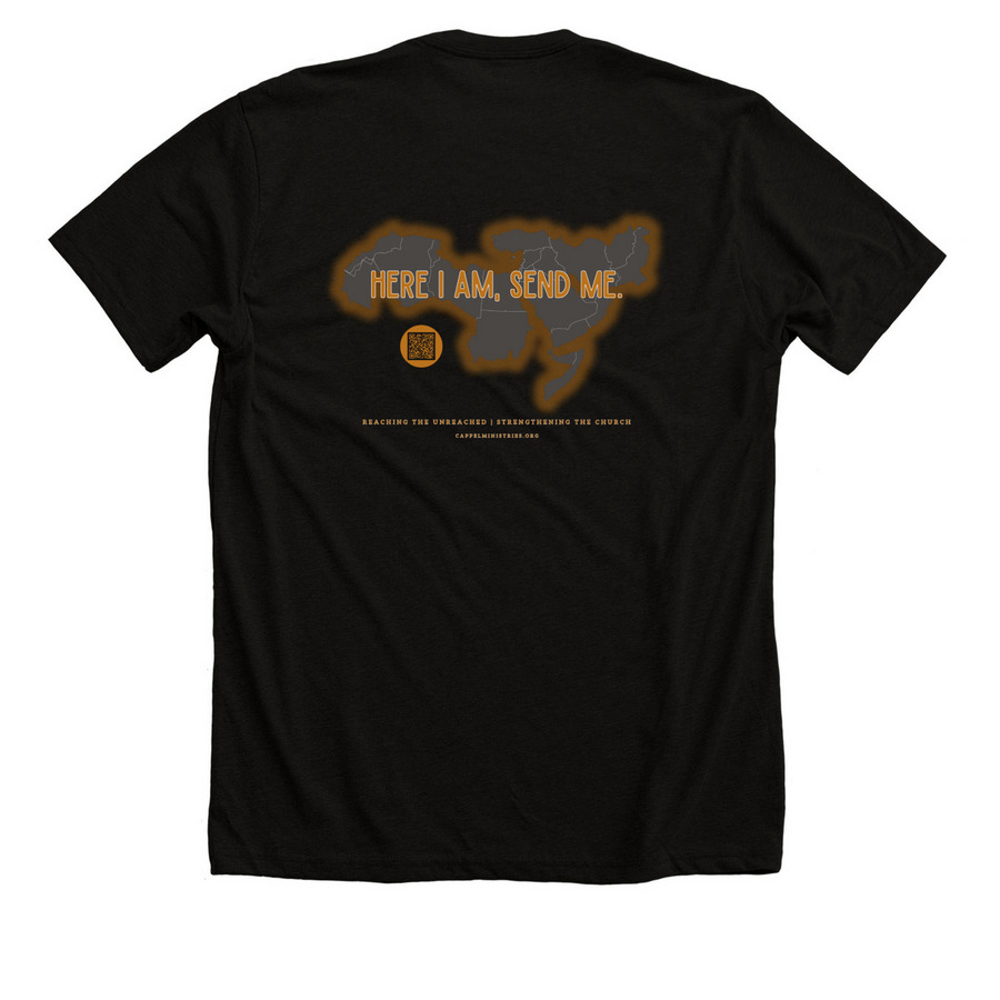CM Logo | Here I Am, a Solid Black Blend Premium Unisex Tee (back-view)