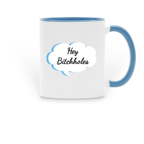 "Hey Bitchholes" mug, a Light Blue Two-Tone Ceramic Mug