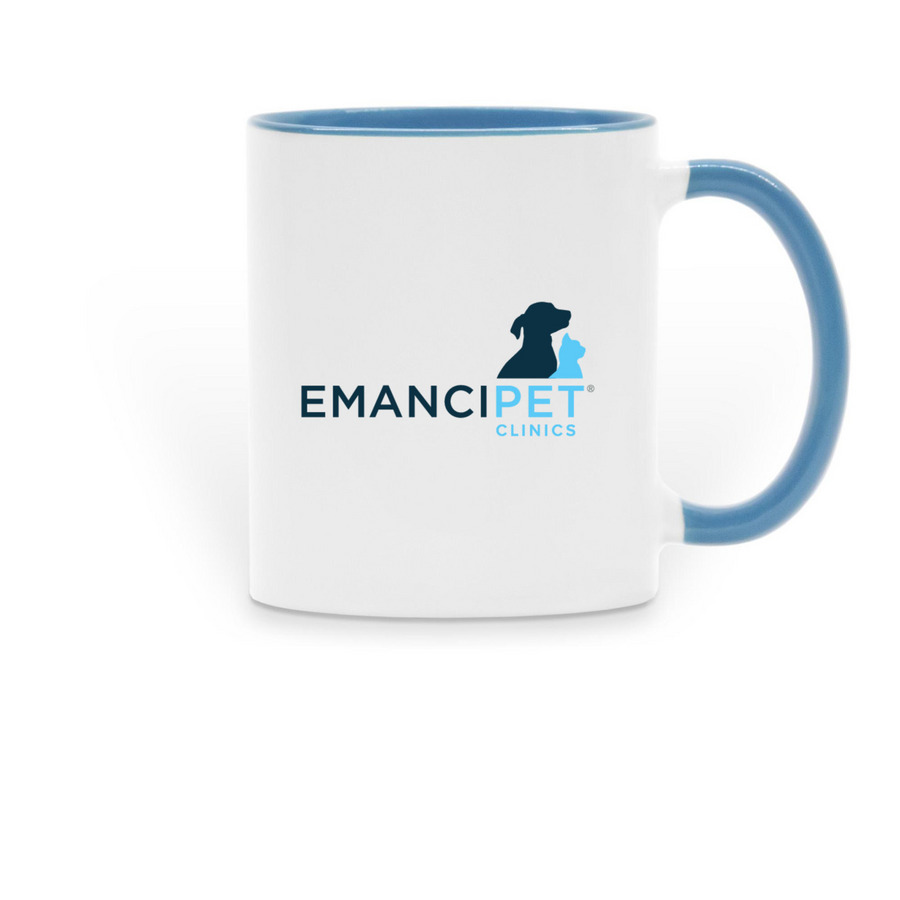 Emancipet Logo Mug, a Light Blue Two-Tone Ceramic Mug