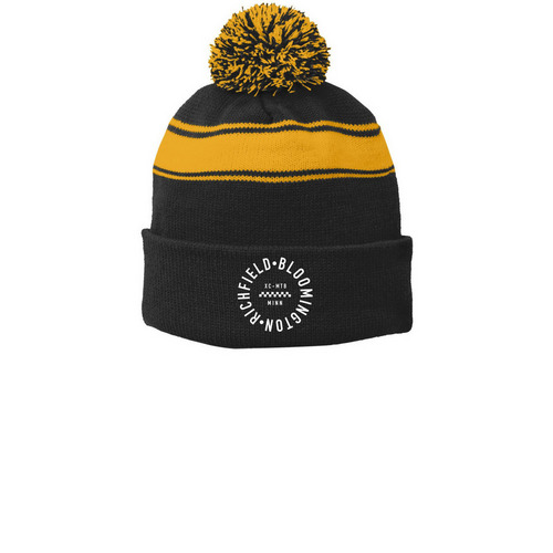 cold weather hats, a Black/ Gold Printed Stripe Pom-Pom Beanie