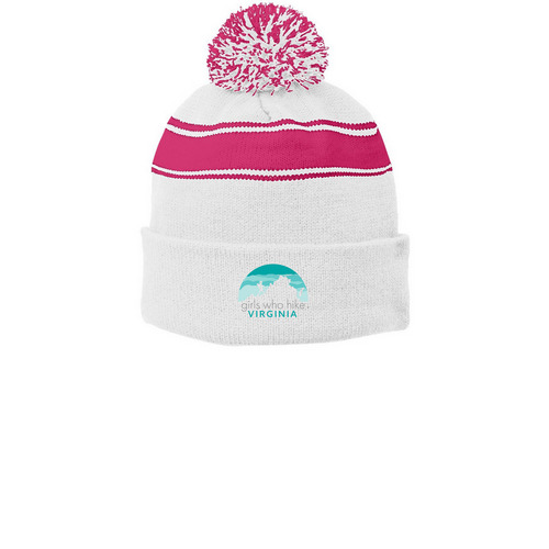 GWHVA Logo Retro Beanie, a White/ Pink Raspberry Printed Stripe Pom-Pom Beanie