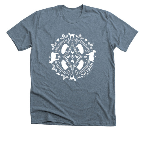 SLOW FARM Small World Wear, a Heather Slate Premium Unisex Tee