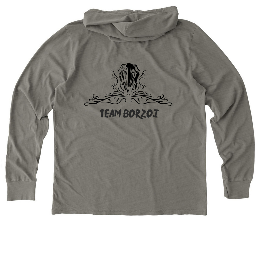 NBRF TEAM BORZOI LIFE, a Driftwood Grey Allmade Organic Cotton Mineral Dye Hoodie Tee (back-view)