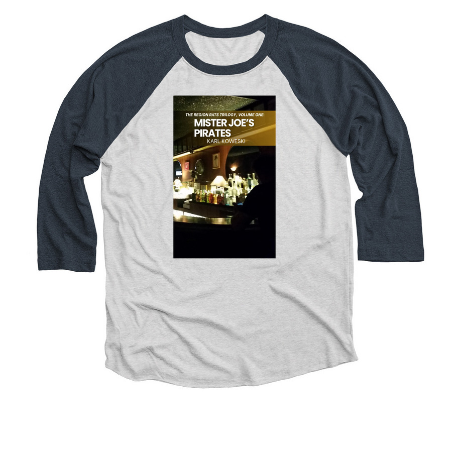 Mister Joe's Pirates by Karl Koweski, a Indigo and Heather White 3/4 Sleeve Baseball Tee