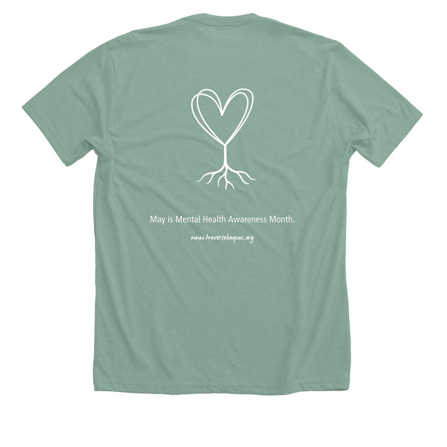 Mental Health Awareness Month: Heart, a Heather Dusty Blue Premium Unisex Tee (back-view)