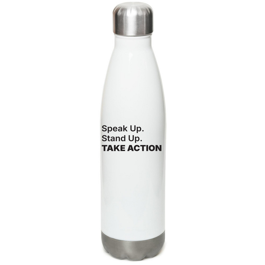 MFSA Water Bottle, a White Stainless Steel Water Bottle (back-view)