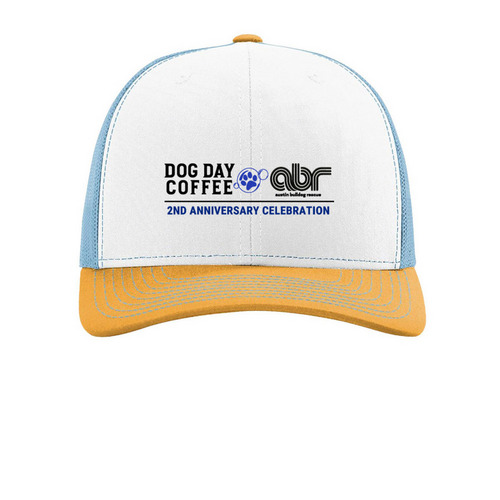 Dog Day Coffee is turning TWO!&nbsp;, a White/ Columbia Blue/ Yellow Printed Snapback Trucker Cap