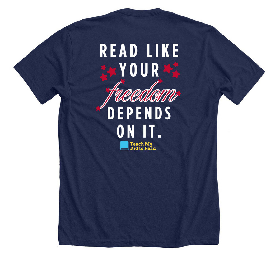 In Literacy We Trust Shirt, a Solid Navy Blend Premium Unisex Tee (back-view)