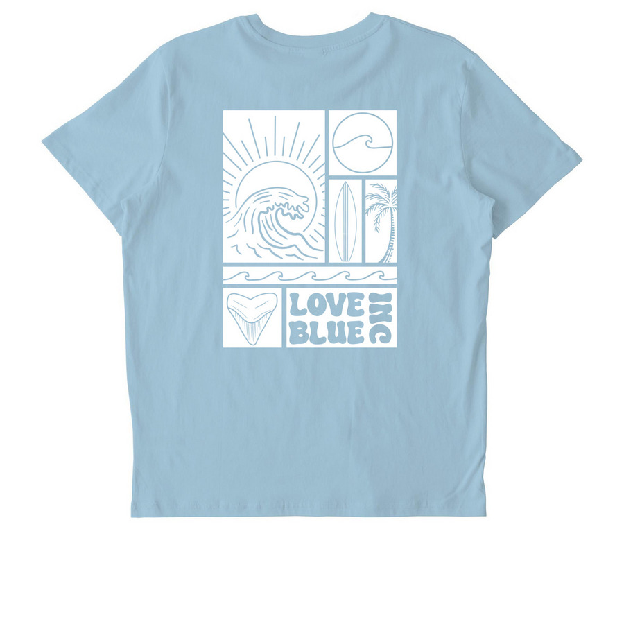 Surfboard & Shark Tooth Wave, a Sky Blue Stanley/Stella Unisex Crafter Tee (back-view)
