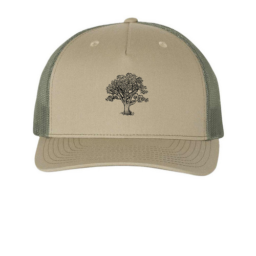 Descendants' Day Khaki Hat, a Pale Khaki/ Loden Green Printed Five-Panel Trucker Cap