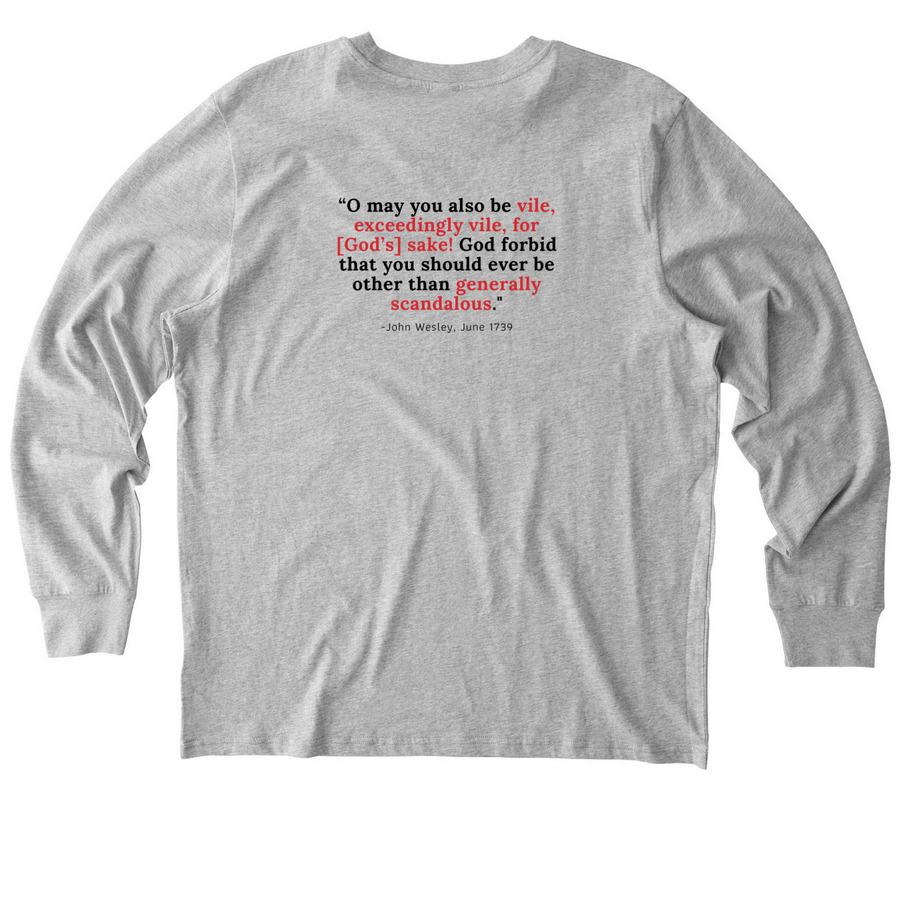 "Generally Scandalous" shirt, a Heather Grey Stanley/Stella Unisex Creator 2.0 Long Sleeve Tee (back-view)