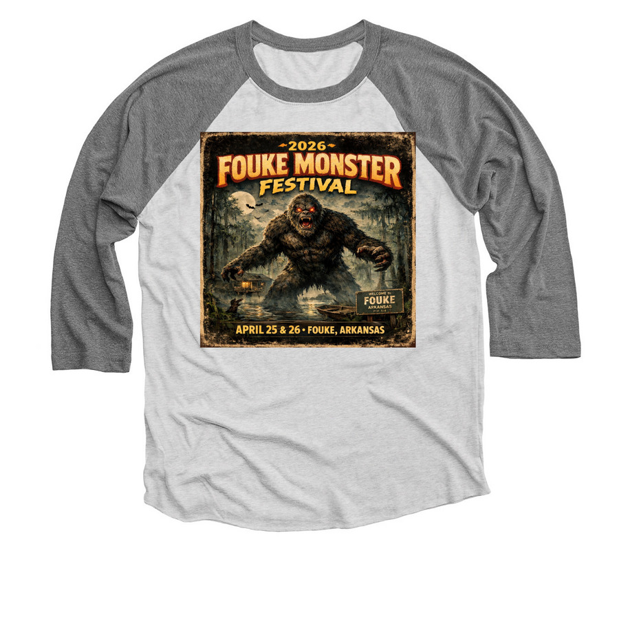 2026 Fouke Monster Festival, a Premium Heather and Heather White 3/4 Sleeve Baseball Tee