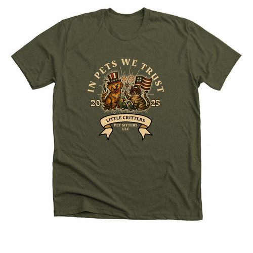 IN PETS WE TRUST 2025, a Heather Military Green Premium Unisex Tee