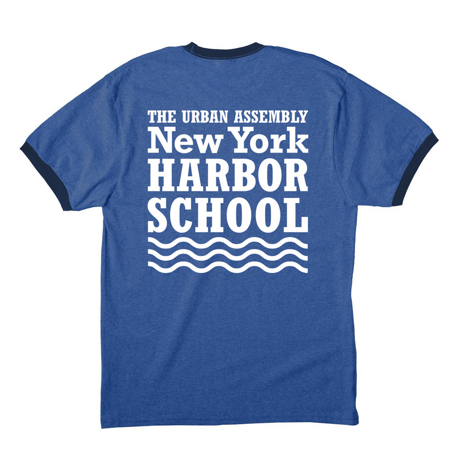 Harbor School Logo - Blue/Navy Shirts, a Heather Royal/ Navy Cotton Ringer Tee (back-view)