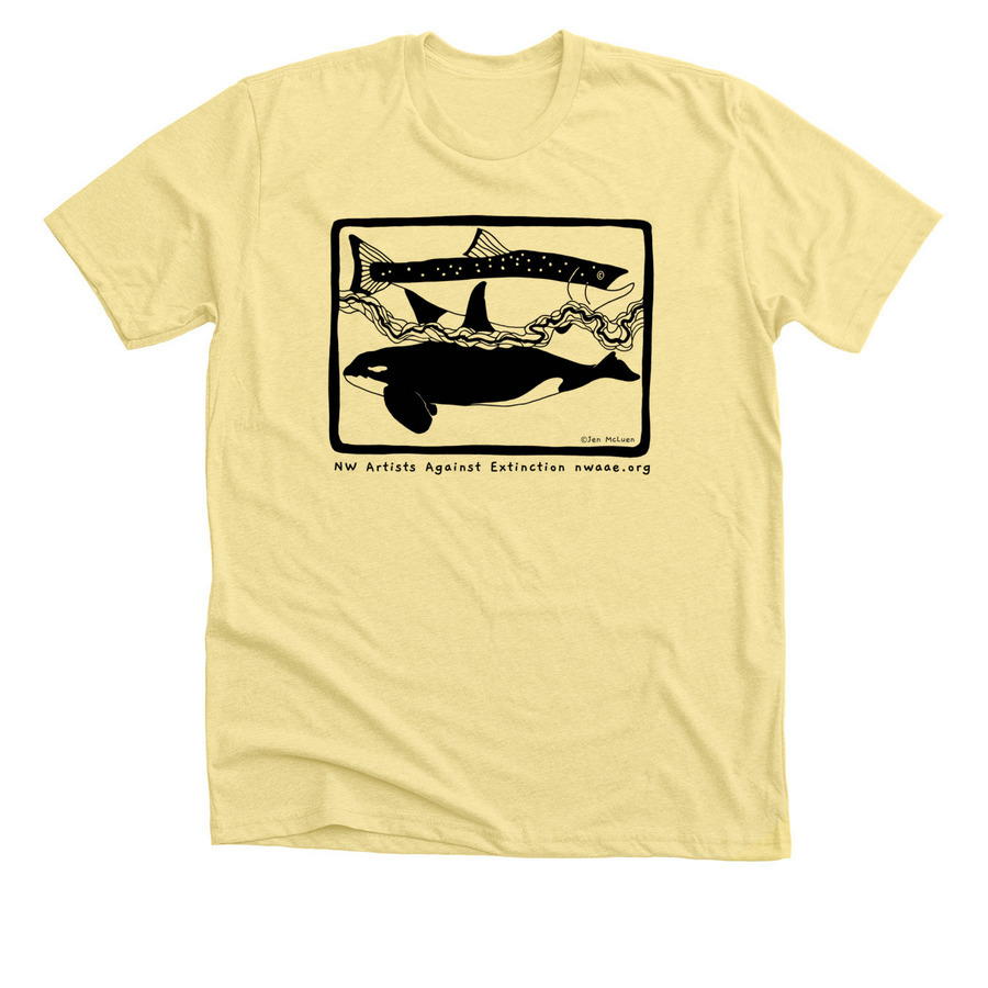 Salmon and Orca by Jen McLuen, a Heather Yellow Gold Premium Unisex Tee