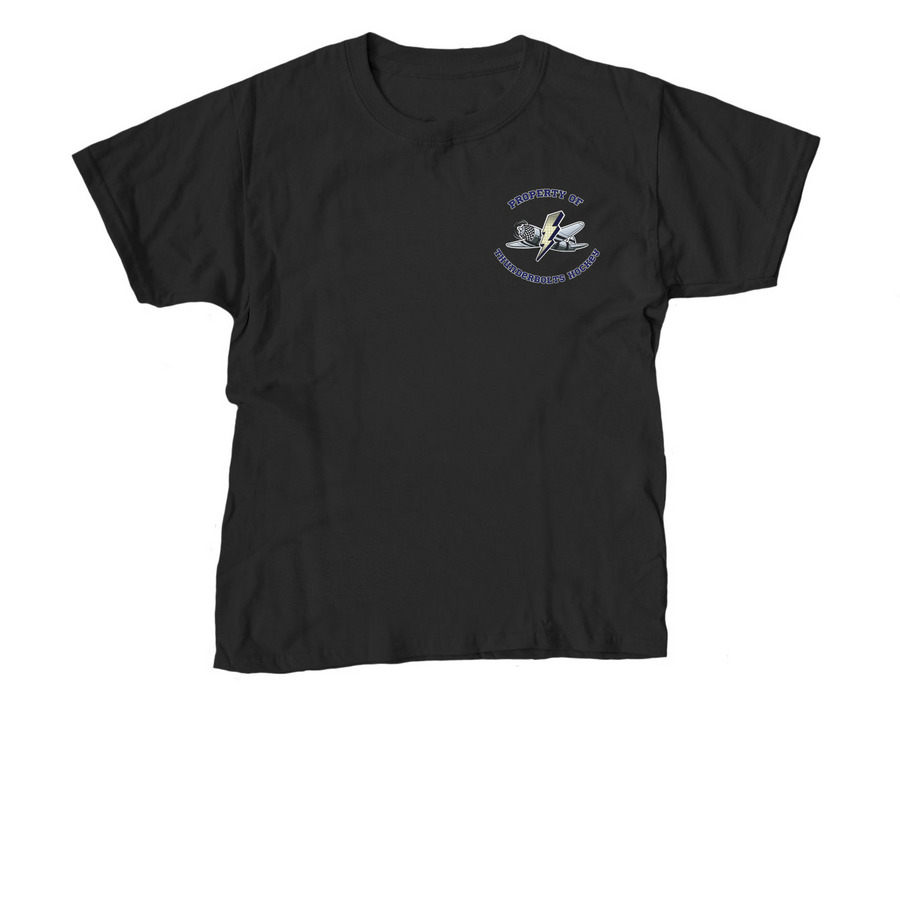 Property of Brooklyn Hockey w/ Away logo, a Black Youth Unisex Tee