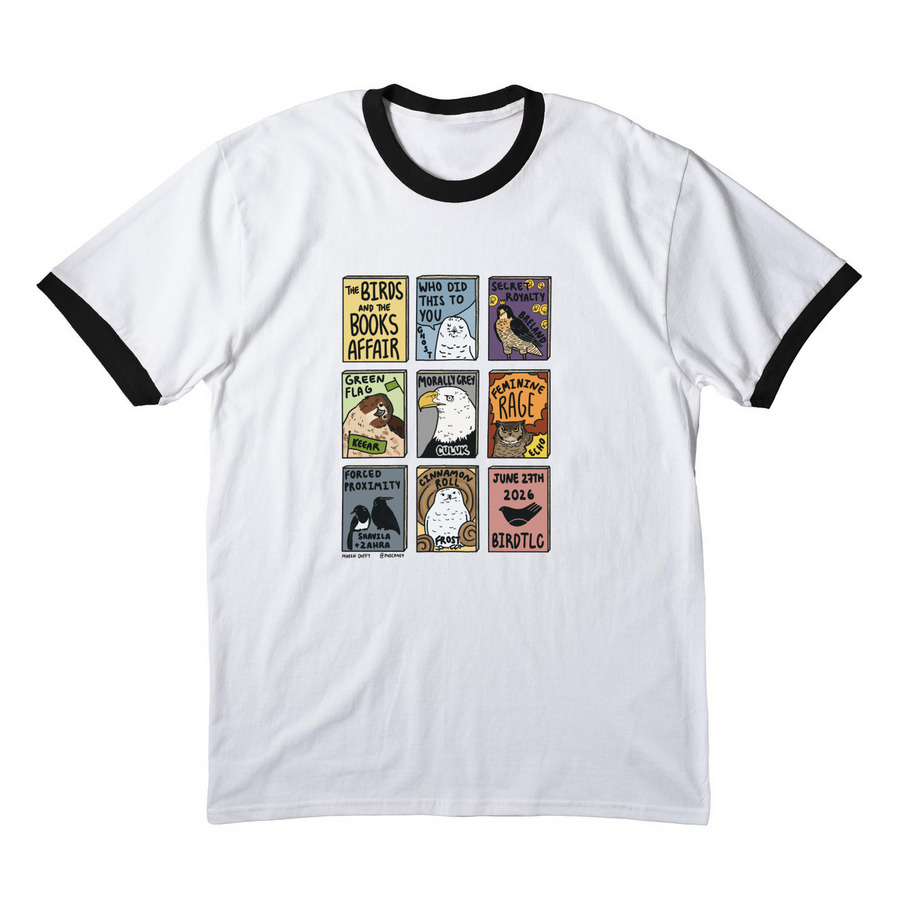 The Birds and The Books Affair, a White/ Jet Black Cotton Ringer Tee