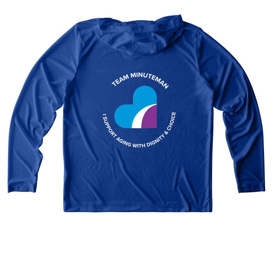 Team Minuteman 5K Goal Crusher Gear, a True Royal UV Performance Long Sleeve Hoodie (back-view)